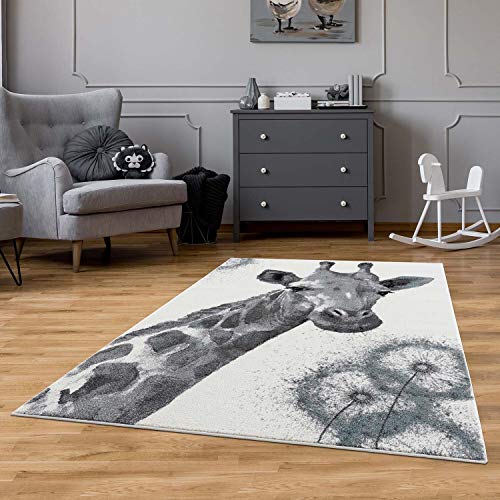 carpet city Tapis pour Enfant Girafe - 140 x 200 cm - Gris et Bleu - Tapis Moderne pour Le Salon