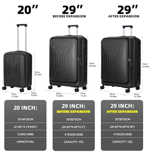 Image of Kaleenie 2 Pieces 20 /29 Luggage Sets, 20 Inch Cabin Luggage with Front Pocket & 29 Inch Side Opening Suitcase, Ligthweight ABS+PC Hardshell, TSA Lock with HINOMOTO 360 Wheels, Black