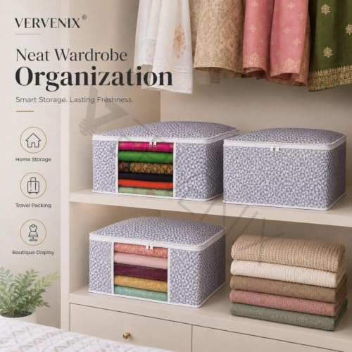 Image of VERVENIX Saree Cover Pack of 12, Grey Dot Pattern Garment Storage Bags with Zipper & Transparent Window, Dustproof Clothes Cover for Suits, Dresses, Coats & Shirts,46.3 x 36 x 22.5 CM