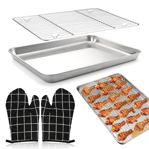 Placa Inox Cuisine Rejilla Horno - Juego de Placas de Acero Inoxidable Rectangulares, con Guantes Anti-quemaduras - Ideal para Cocina Casera y Pasteles.