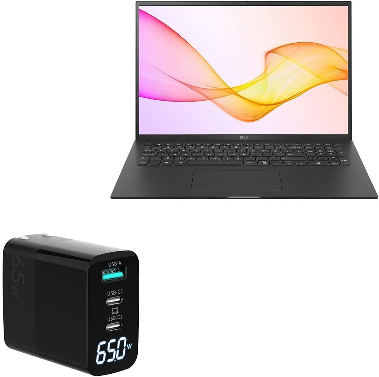 BoxWave Charger Compatible with LG Gram 17 (17Z90P) - PowerDisplay PD Wall Charger (65W), GaN 65W Powerful Folding Plug LCD Display - Jet Black