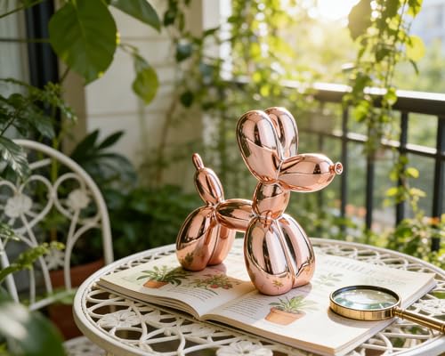 AMOIENSIS Rotgoldene Ballon-Hundestatue, Dekoration, 10,2 cm, galvanisierte Tierskulptur, kleine eklektische Dekoration für Regal und Schreibtisch