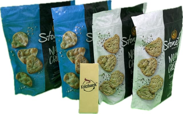 Kokobunch Variety Bundles Of Stonefire's Authentic Naan Crisps Flatbread Cracker 4 or 3 Assorted Pack (6oz, 2 Bags of Garlic And Cheese & 2 Bags of Sea Salt)