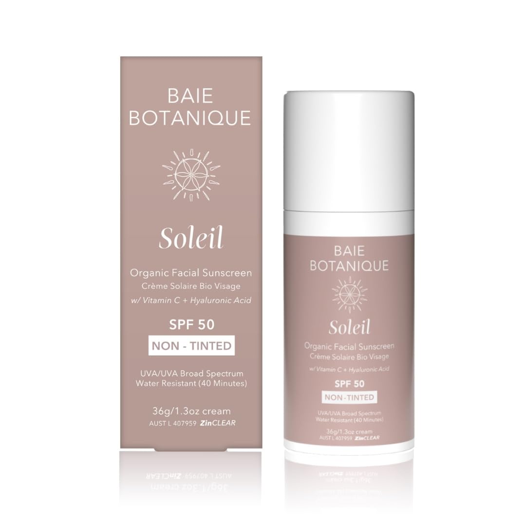 Baie Botanique Soleil Organic Facial Sunscreen SPF 50 Chemical Filter Free Hyaluronic Acid & Vitamin C Sunscreen for Face - Natural - Vegan - No White Cast - Non Toxic UVA UVB Protection 1.3 oz