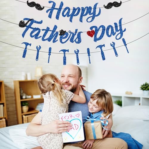 Image of Pre-Strung Happy Fathers Day Banner Party Decorations, NO DIY Glitter Fathers Day Banner with Household Tools Garland for Step Dad Grandpa Papa Home Indoor Mantel Wall Room Photo Props Backdrop Decor