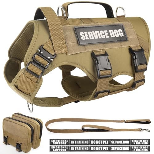 WINSEE Tactical Dog Harness with Dog Leash Service Working MOLLE Vest with 10 Pet Patches for Large Dog No Pull Military Harness and Backpack for Training Hunting Walking