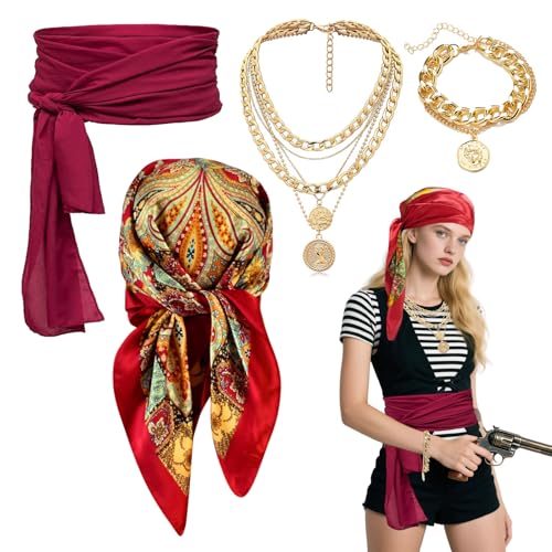 TUONYIS 4 Pcs Pirate Captain Costume Accessories, Medieval Pirate Costume Accessory Set Adult Women, Bandana, Sash Belt, Necklace and Bracelet for Halloween Party (Red)