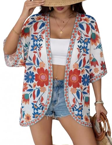 Image of Chunoy Women Floral Beach Wear Cover Up Chiffon Kimono Cardigan Open Front Blouse Top