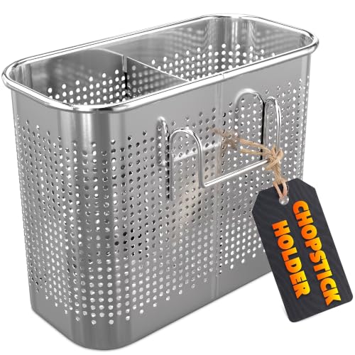 Image of Large 2-Compartment Chopstick Holder for Dishwasher, Stainless Steel Basket | Perforated dishwasher chopstick basket and utensil caddy for straws, teaspoons, small tools, 2 compartments with hooks