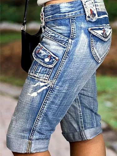 Flamingals Women's Capri Cargo Jeans Mid Waisted Stretchy Summer Skinny Wash Flap Pocket Denim Pants3