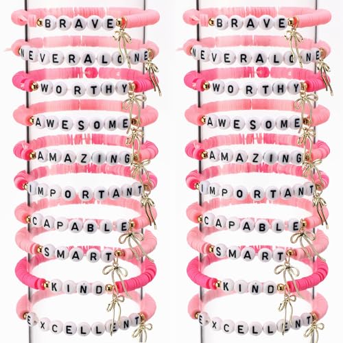 20 Pcs Inspirational Bracelets for Women Bulk Pink Preppy Friendship Bracelets Motivational Gifts for Student Friend