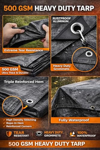 Image of Heavy Duty HDPE Tirpal 500 GSM | Waterproof, UV Resistant & Durable Tarpaulin Sheet with Eyelets for Outdoor, Truck, Garden & Roof Cover (Black, 30 x 30 FT)