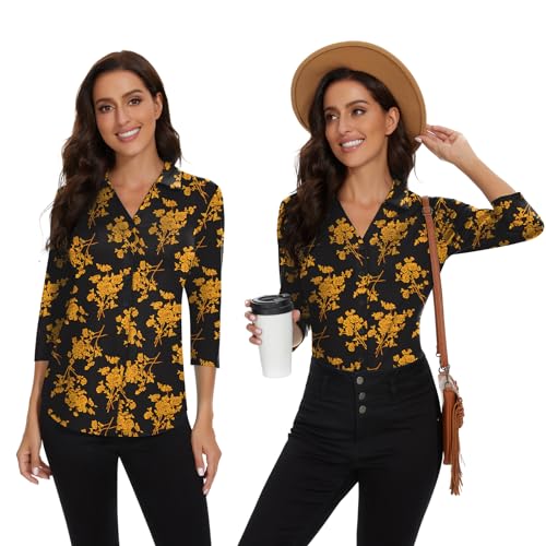 Image of Soneven Womens Golf Polo Shirts 3 /4 Long Sleeve V Neck Button Down Shirts Business Causal Work Blouses Tops