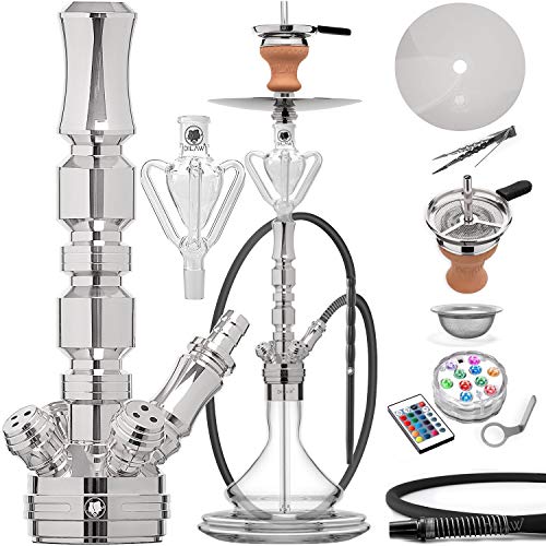 DILAW® TRIPHAN Shisha Edelstahl Silber V2A 66cm Hookah Medium + LED Licht | Wasserpfeife Kaminkopf Komplettset…