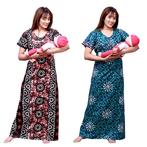 Image of Feeding Nighty in Fine Cotton 2 Side Zips for Feeding Purpose & Neck Buttons for Easy Wearing Soft Cotton Maternity Nighty for Women Feeding Combo Feeding Nighty for Women Cotton Combo of 2Pcs