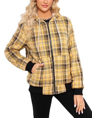 Shawnda Women's Flannel Casual Plaid Full Zip Up Sherpa Lined Hoodie Jacket Coat with Pockets2