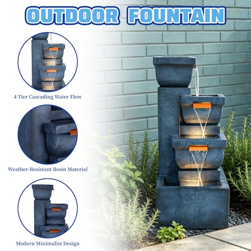Image of 4-Tier Rock Outdoor Water Fountain, Resin with LED Light, 42 in | Cascading waterfall feature, indoor & outdoor available, decor for garden, patio, backyard and porch