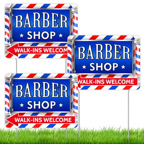 Therwen 3 Pcs Walk Ins Welcome Barber Sign 12 x 15.8 Inch Double Sided Barber Shop Sign Hairdresser Stripes Blue Barbershop Decor Outdoor Yard Signs with Stakes for Business Bar Cafe Garage(Novelty)