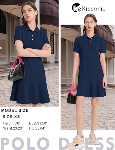Image of Kissonic Women's Polo Dress Short Sleeve V Neck Ruffle Hem Casual Summer Golf Tennis Mini Shirt Dresses