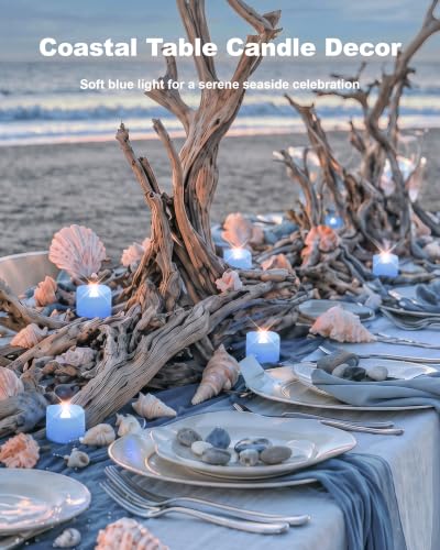 Image of Homemory 24-Pack Light Blue Remote LED Battery Tea Light Candles, 400+ Hrs | 2 /4 /6 /8H Timer Flameless Flickering Tealight Votives for Baby Showers, Gender Reveals, Winter Wonderland and Beach Weddings