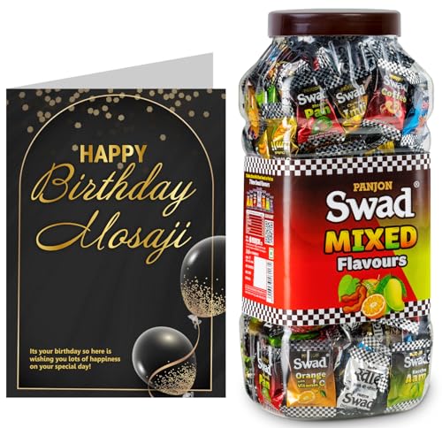 Image of Swad Happy Birthday Mosaji /Masaji Gift with Card (Swad Mixed Flavours Candy 200 Jar & 1 Greeting card) 2 units