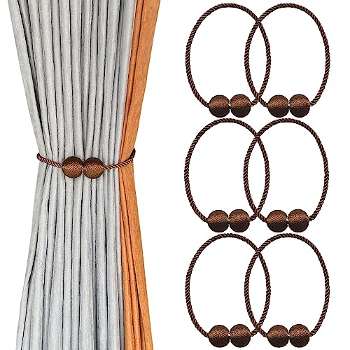 Melaluxe 6 Pack Magnetic Curtain Tiebacks, Decorative Curtain Holdbacks for Window Décor (Coffee)