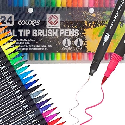 Dual tip brush pens Set Of 24 Coloured | Fineliner |Exclusively for Drawing and Calligraphy | Brush Pens for Painting and Colouring| Fine-liner Felt Tip Pens (24) Cover