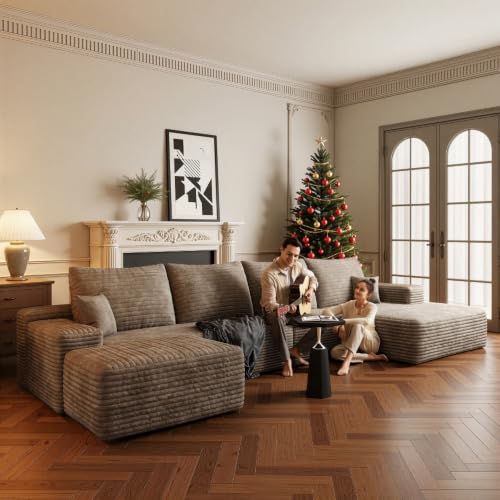 Image of Boneless Couch, Modular Sectional Couches for Living Room, U-Shaped Cloud Couch Sofa with Deep Seat, Fluffy Corduroy Upholstered Corner Sofa