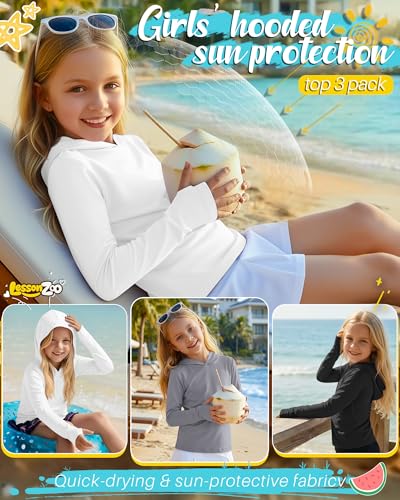 Image of 3 Pack Girls Sun Protection Swim Shirts UPF 50+ Long Sleeve Rash Guard Lightweight Quick Dry Hoodies with Thumbhole