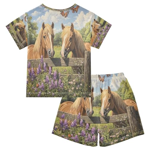 ALAZA Horse Butterfly Blossom Floral Pajamas Set Short Sleeve Cotton Sleepwear Summer Pjs 2 Piece 5-14Y2
