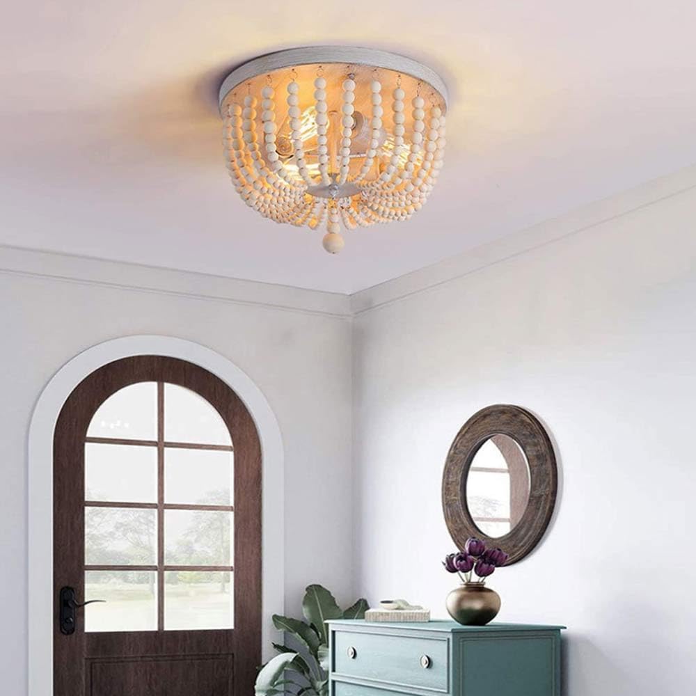 Bohemian Ceiling Light Wood Beaded Chandelier Boho Farmhouse Light Fixture,Rustic Semi Flush Mount Ceiling Light, 3 Light Nursery Light Fixture for Kitchen Island Hallway,