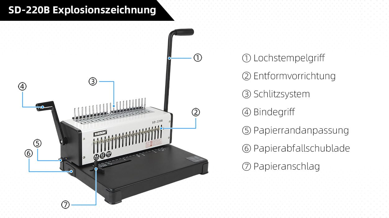 RAYSON Plastik-Bindekamm Bindegerät, 21 Löcher, Bindet 400 Blatt, SD-220B | Robuste Metallkonstruktion, 21 herausnehmbare Stanzmesser, Kostenloses Bindematerial im Lieferumfang enthalten
