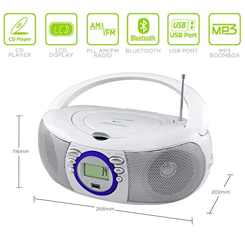 HANNLOMAX HX-321CD Portable CD/MP3 Boombox, AM/FM Radio, Bluetooth, USB Port for MP3 Playback, Aux-in, LCD Display, AC/DC Dual Power Source (White)