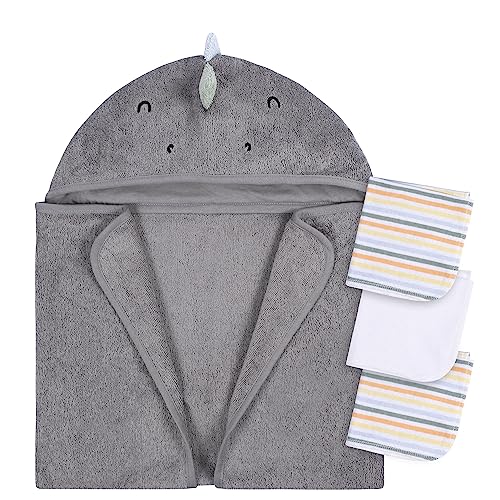 Image of Gerber Baby 4 Piece Animal Character Hooded Towel and Washcloth Set, Charcoal Dino, One Size
