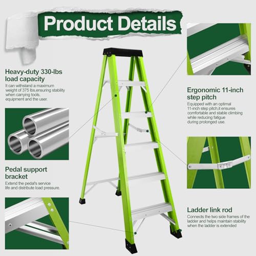 Image of Fiberglass Ladder, Single-Sided Stepladder for Electrical Engineering Ladder Construction with a Load Capacity of 330 pounds (3 Step-Green)