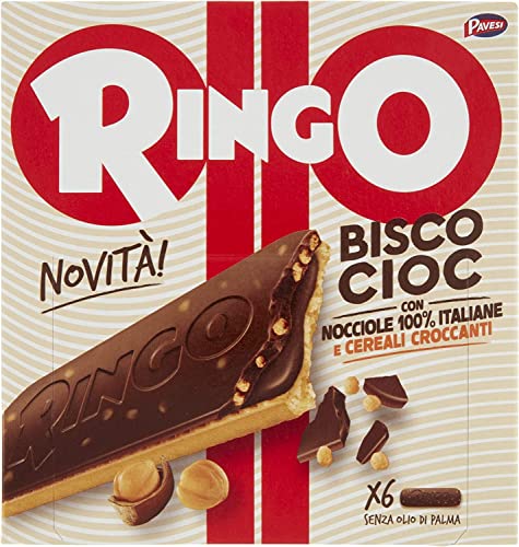 Pavesi Ringo Bisco Cioc Nocciole Barra de chocolate con crema con 100% avellanas italianas 162gr 6 snack