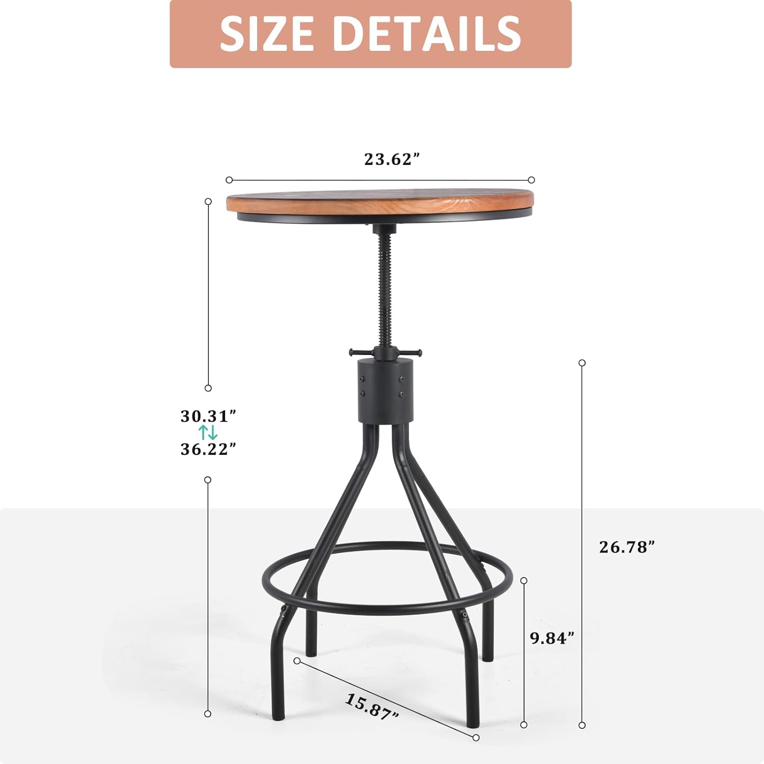 Industrial Bar Table, Counter Height 30-36inch Height Adjustable, Swivel Wooden Tabletop, Farmhouse Dinner Table for Home Kitchen，Vintage Display Stand