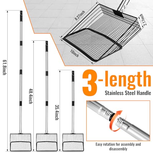 Image of 10-inch Heavy Duty Chicken Poop Scooper, Adjustable Stainless Steel Chicken Coop Scoop (35.4 to 61.8 inch),4-in-1 Sifting Litter Shovel Scoop for Chicken Coop /Goat Stall /Stable Cleaning