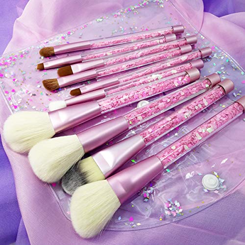 Kingtree Makeup Brush Set with Clear Bag, 10PCS Pink Quicksand Sequins Handle Makeup Brushes Professional Beauty Foundation Blending Eye Shadow Makeup Brush for Girls and Women