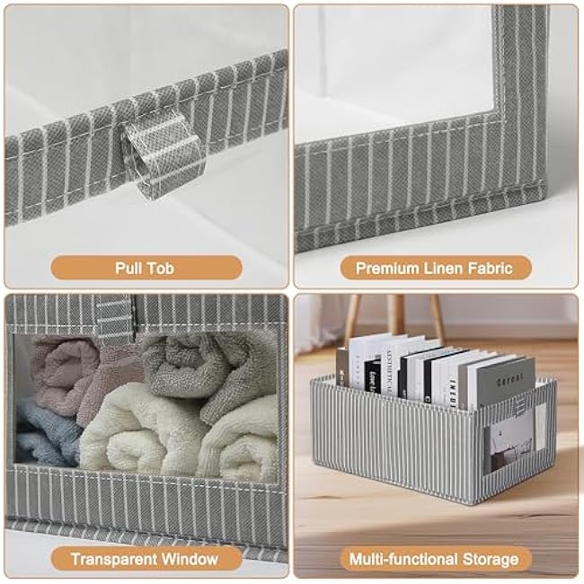 3 Pack Linen Closet Organizers, Foldable Fabric Bins with Clear Window - Storage Baskets for Clothing, Jeans, Shelves, Organizer Containers (Gray Vertical Stripe, 3PCS/15.7 * 11 * 6.7in)