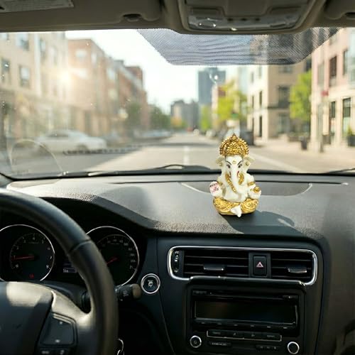 Image of 3.5 Inch Ganesha Idol Car Dashboard Idol Ganesha Murti Ganpati Idol for Home Decor Lord Ganesh Statue Gift for Office Desk Puja Room Figurine Decoration (Off White)