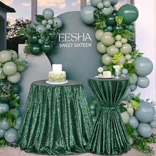 Image of B-COOL Round Sequin Tablecloth Party Decor: 120 Inch Table Cloth Emerald Green Glitter Fabric Overlay for Indoor Outdoor Dining Parties Home St. Patrick's Day