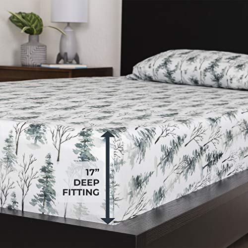 Image of Pobibaby Premium Twin Full Sheets Sets, Kids Double Bed Sheets in Cotton Blend | Ultra-Soft Woodland Camping Print with Fitted Sheet, Flat Sheet & Pillowcases (Twin Woods)