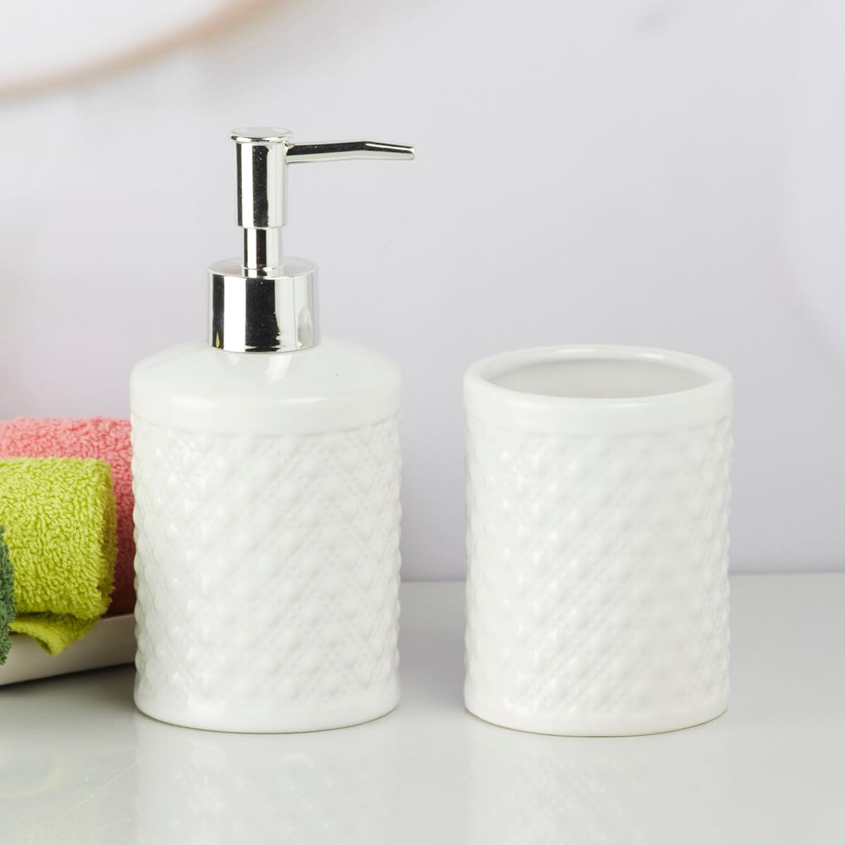 KookeeCeramic Bathroom Accessories Set of 2 Includes Toothbrush Holder and Soap Dispenser Pump Used to Refill Liquid Bath Gel, Lotion, Shampoo, Conditioner, Bodywash (9613)