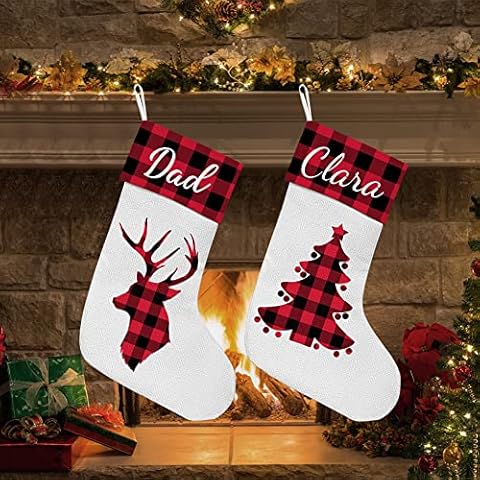 Hybedora 17" Personalized Christmas Stockings 2 Pack, Classic Red Plaid Xmas Holiday Christmas Decorations Gifts for Family Friends Cover