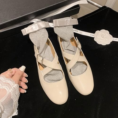 Leather Ballet Flats for Women, Closed Round Toe Mary Jane Flats, Cross Buckle Strap Slip On Casual Dressy Shoes3