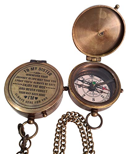 Engraved Pocket Compass with Detachable Chain for My Sister Handmade Brass Vintage Nautical Navigation Gift for Hiking Camping Adventure Keepsake