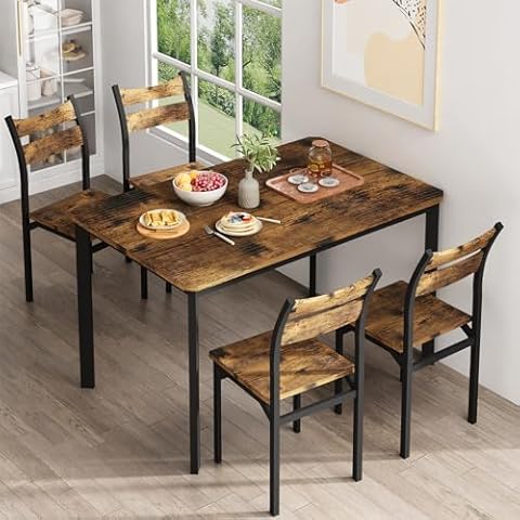 DKLGG Dining Table Set for 4 Wood Kitchen Table Chairs Set of 4, Classics Dining Table and Chairs, 5 Piece Dining Table Set with Ergonomics Chairs for Home, Small Space, Apartment (Rustic Brown) Cover