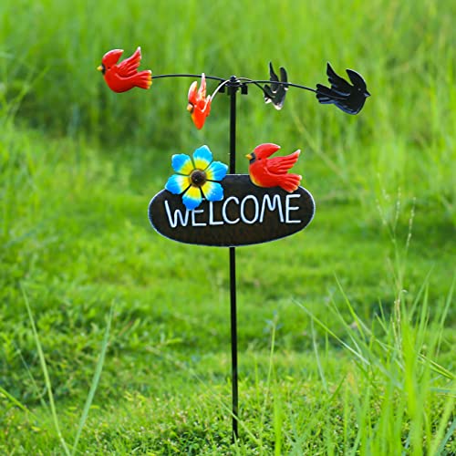 Garden Yard Ground Metal Hummingbirds Stake With Welcome Sign,30 Inch Welcome Decoration Wind Mills Iron Art Wind Spinner,Outdoor Decorative Garden Stakes(Birds) #TOP5