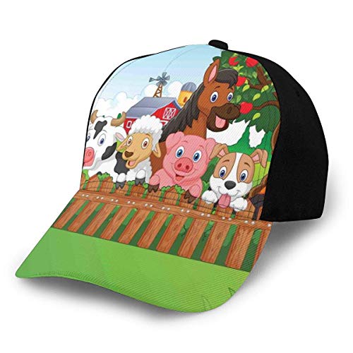 Sporthut Leichte Soft Run Cap Zusammensetzung Süße Nutztiere auf Zaun Comic Maskottchen mit Hund Kuh Pferd Pferd Design